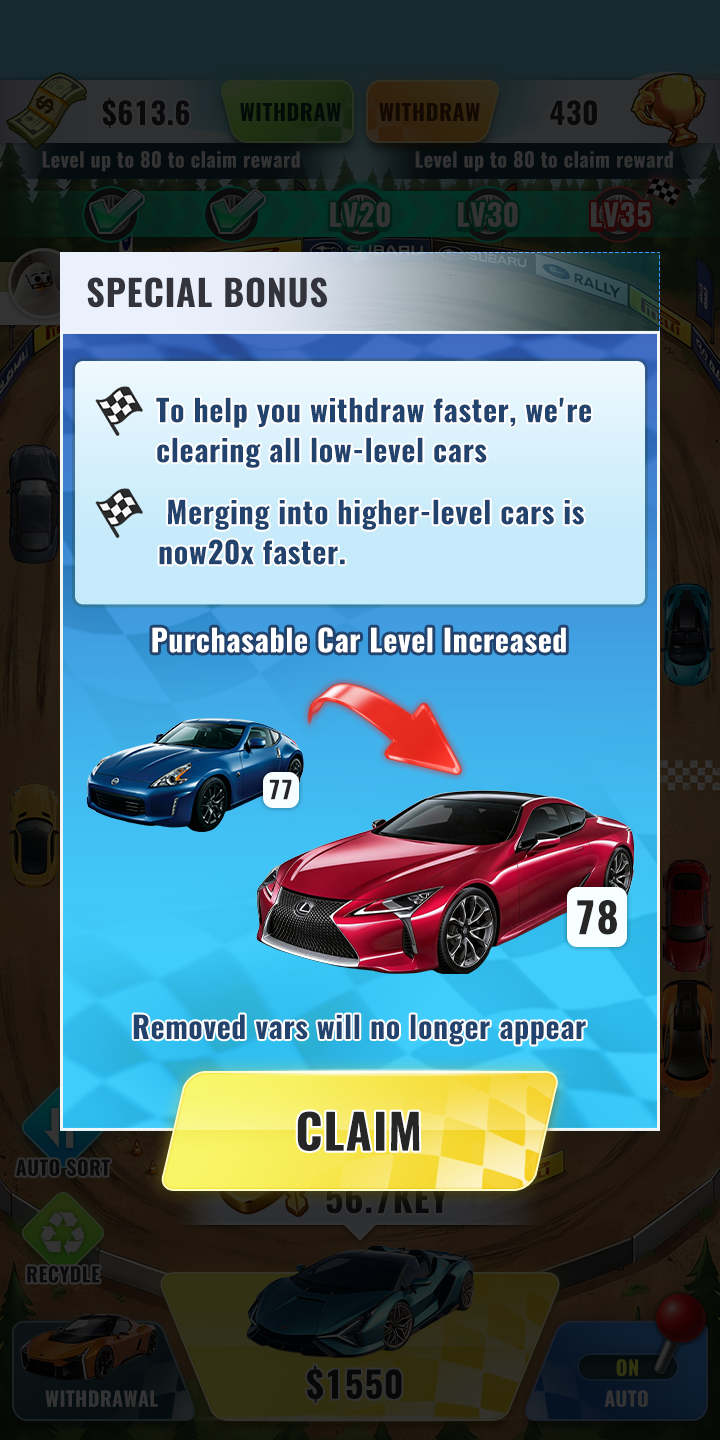 Merge Car Master Android: additional game screen